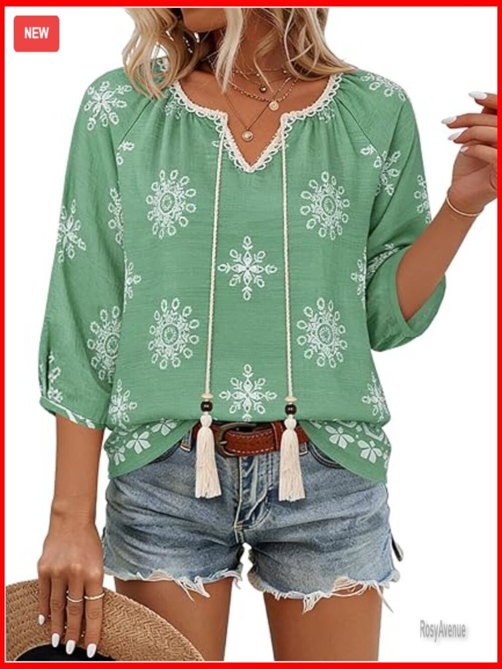 3/4 Sleeve Boho Tie Front Peasant Blouse Loose Fit Flowy Top Vacation